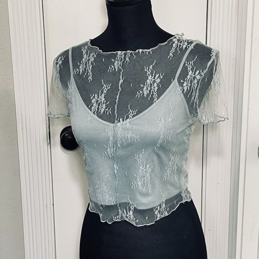 Miou Muse Women's Blue Floral Fairy Lace Mesh Crop Top with Camisole M